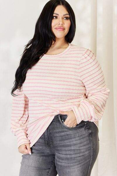 Celeste Full Size Long Bishop Sleeve Striped Top Blouses - Tophatter Daily Deals