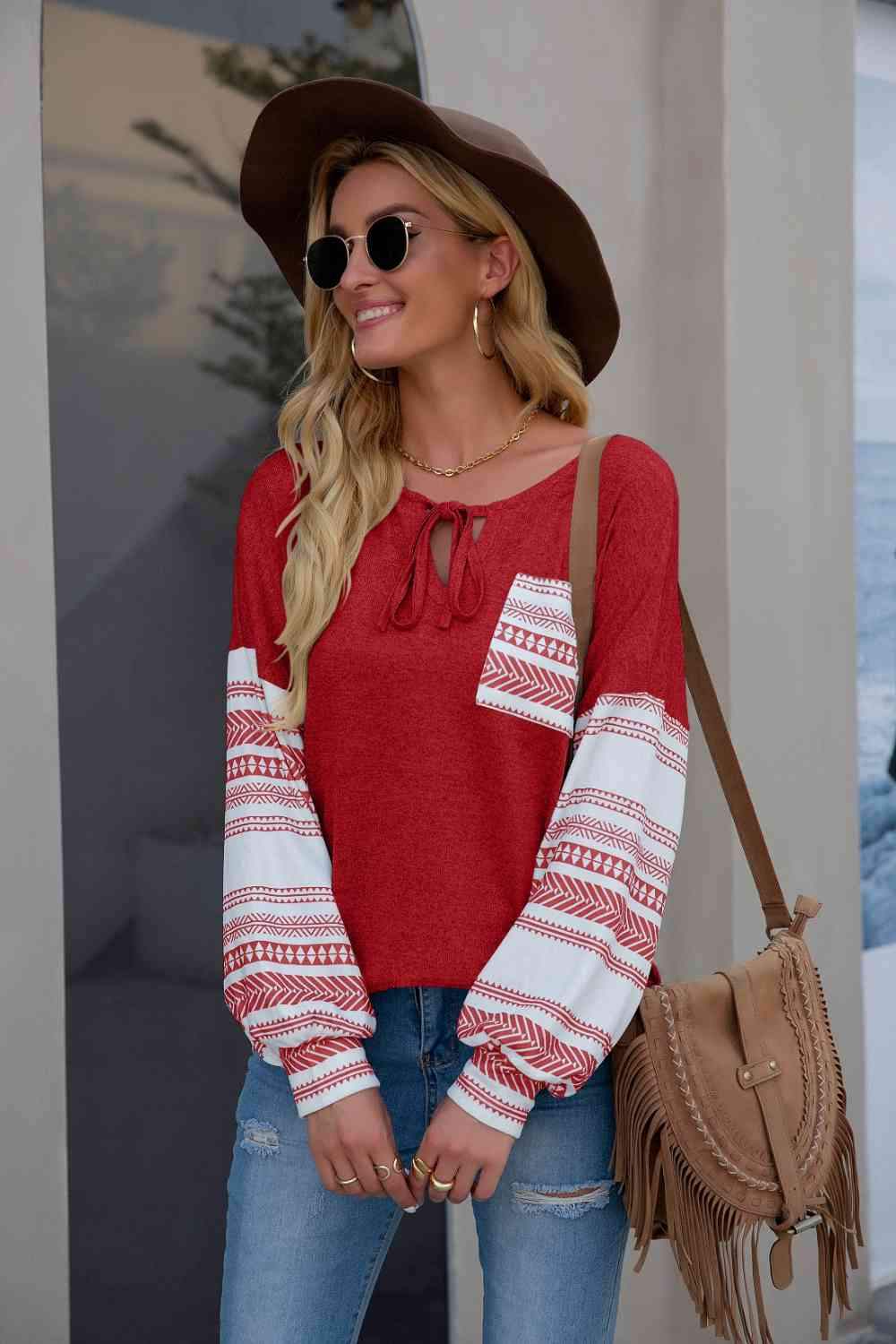 Tie Neck Lantern Sleeve Top Red Blouses - Tophatter Daily Deals