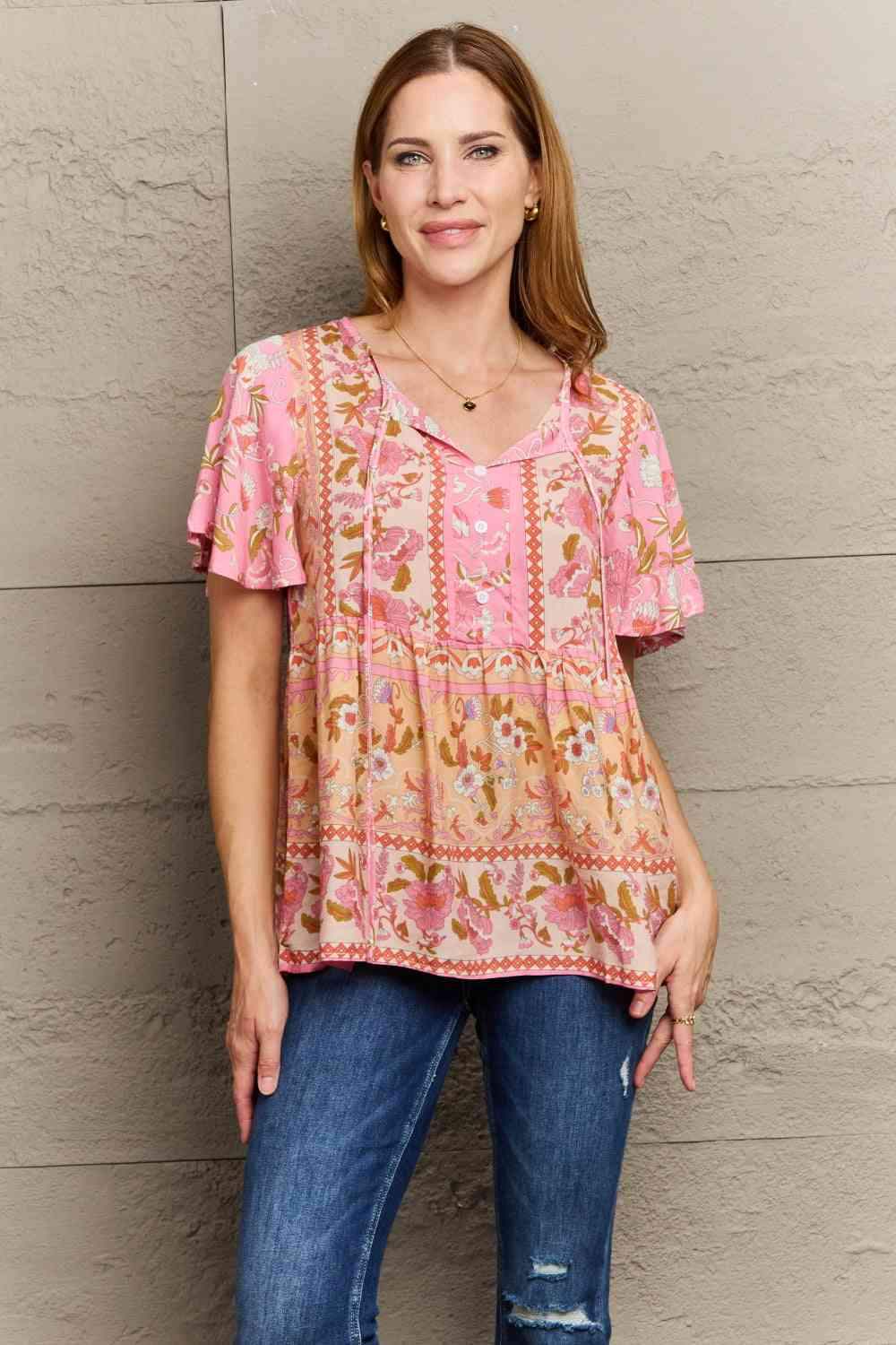 Bohemian Tie-Neck Flutter Sleeve Blouse Blouses - Tophatter Daily Deals