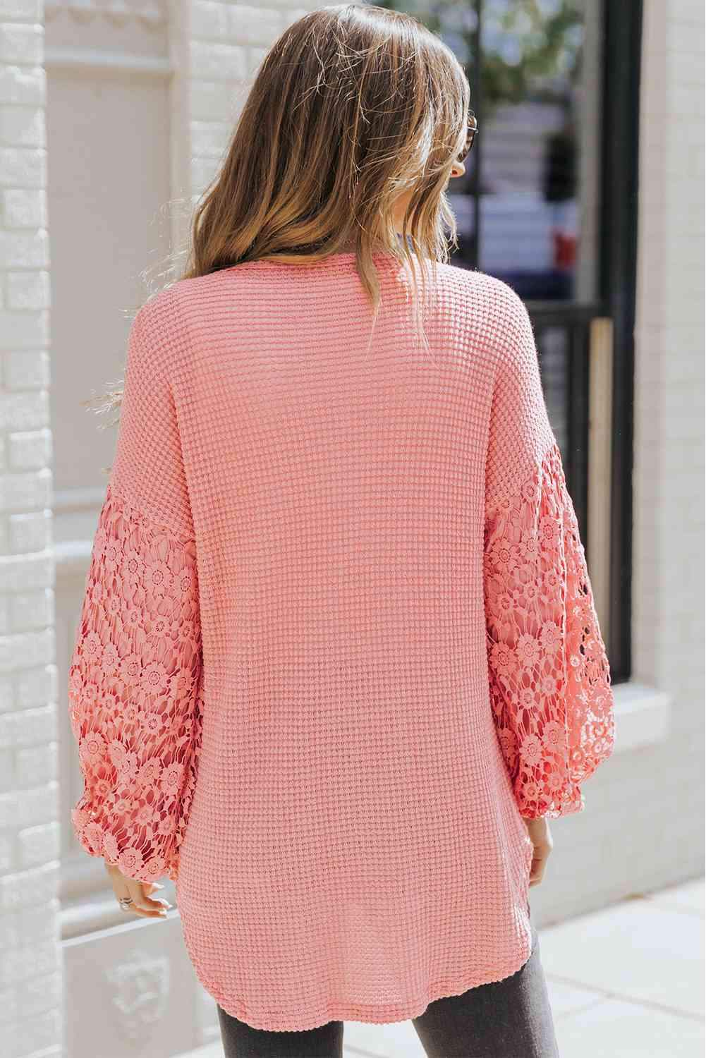 Spliced Lace Balloon Sleeve Waffle-Knit Tunic Top Blouses - Tophatter Daily Deals