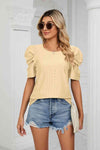 Eyelet Puff Sleeve Round Neck Blouse Yellow Blouses - Tophatter Daily Deals