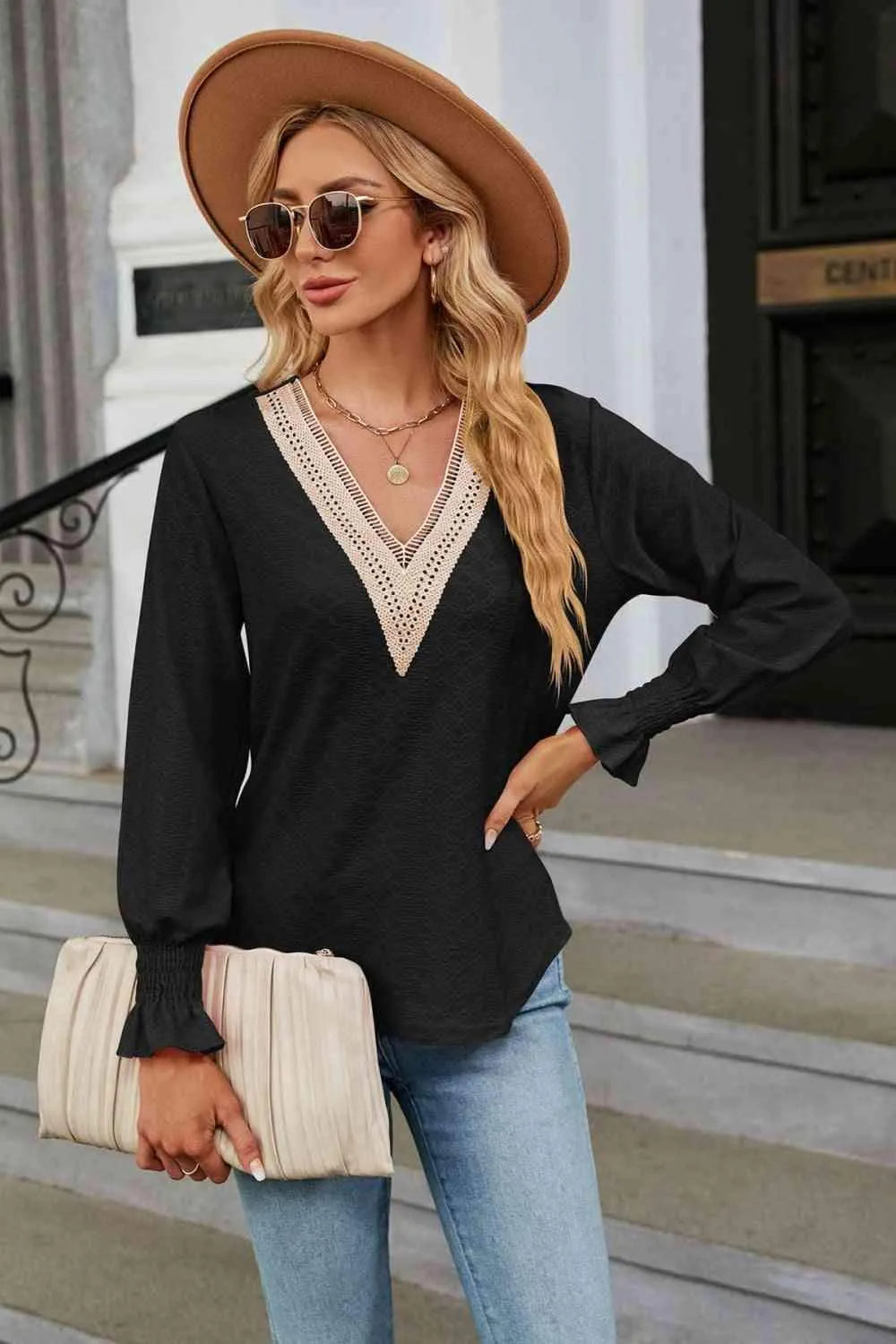 V-Neck Flounce Sleeve Blouse Blouses - Tophatter Daily Deals