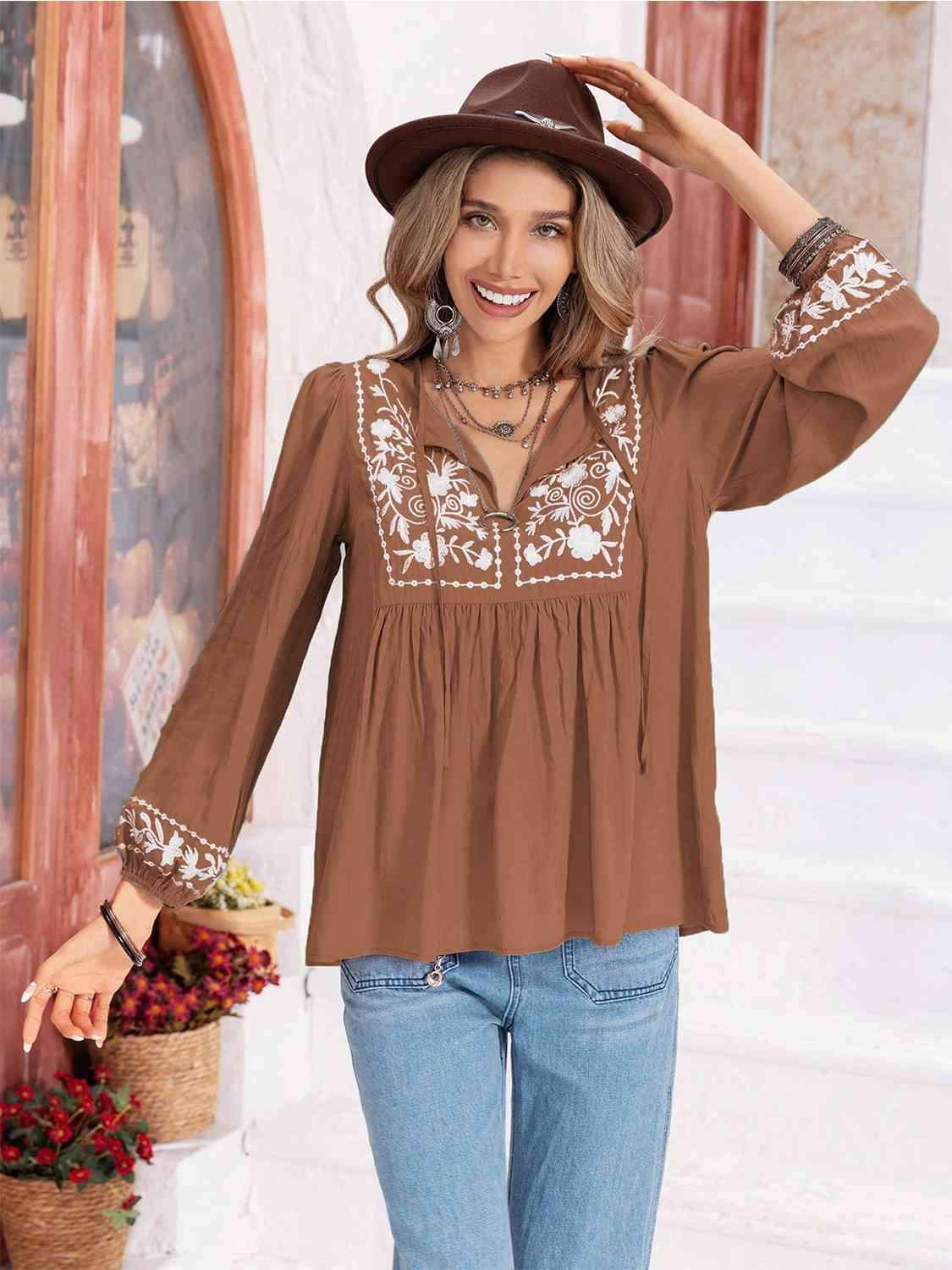 Floral Tie Neck Balloon Sleeve Blouse Blouses - Tophatter Daily Deals