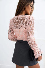 Flower Dotted Ruffled Sleeve Mesh Top Blouses - Tophatter Daily Deals