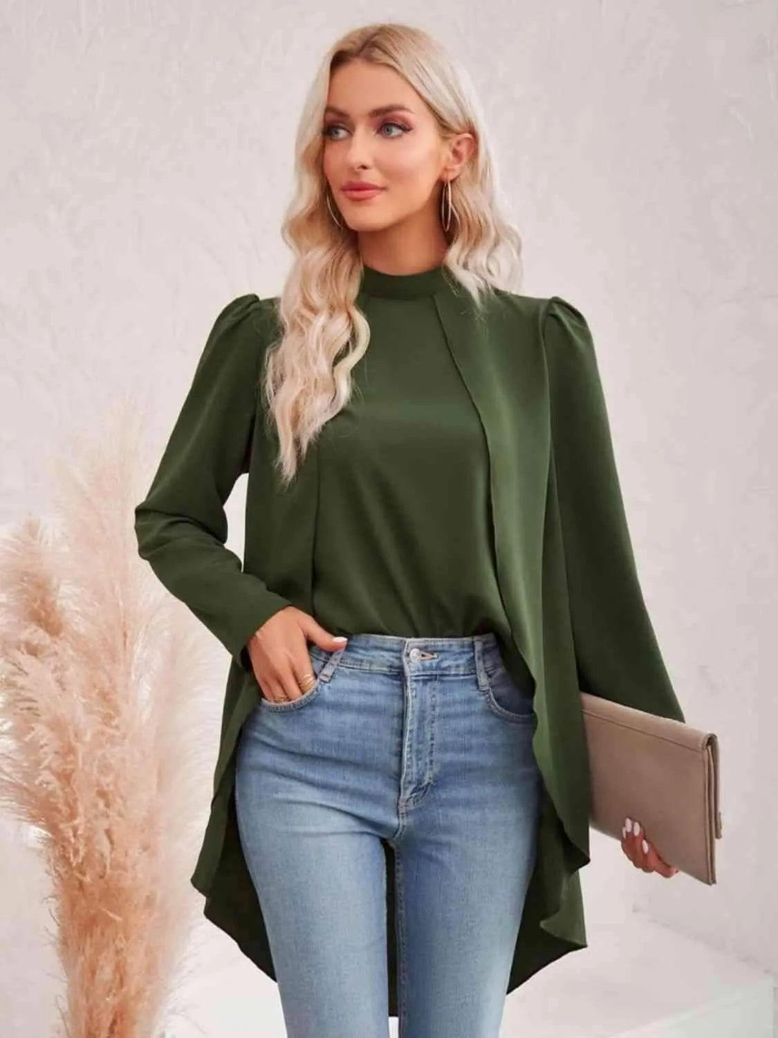 Long Puff Sleeve High-Low Blouse Army Green Blouses - Tophatter Daily Deals