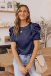 Puff Sleeve Round Neck Blouse Navy Blouses - Tophatter Daily Deals