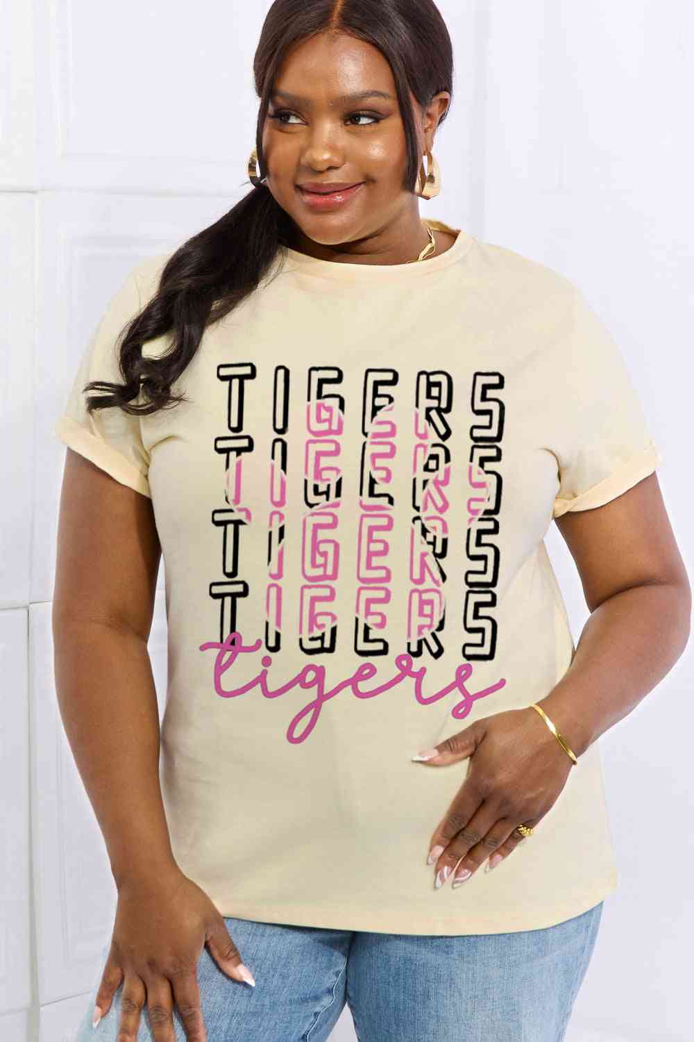 Simply Love Full Size TIGERS Graphic Cotton Tee Ivory Women's T-Shirts - Tophatter Daily Deals