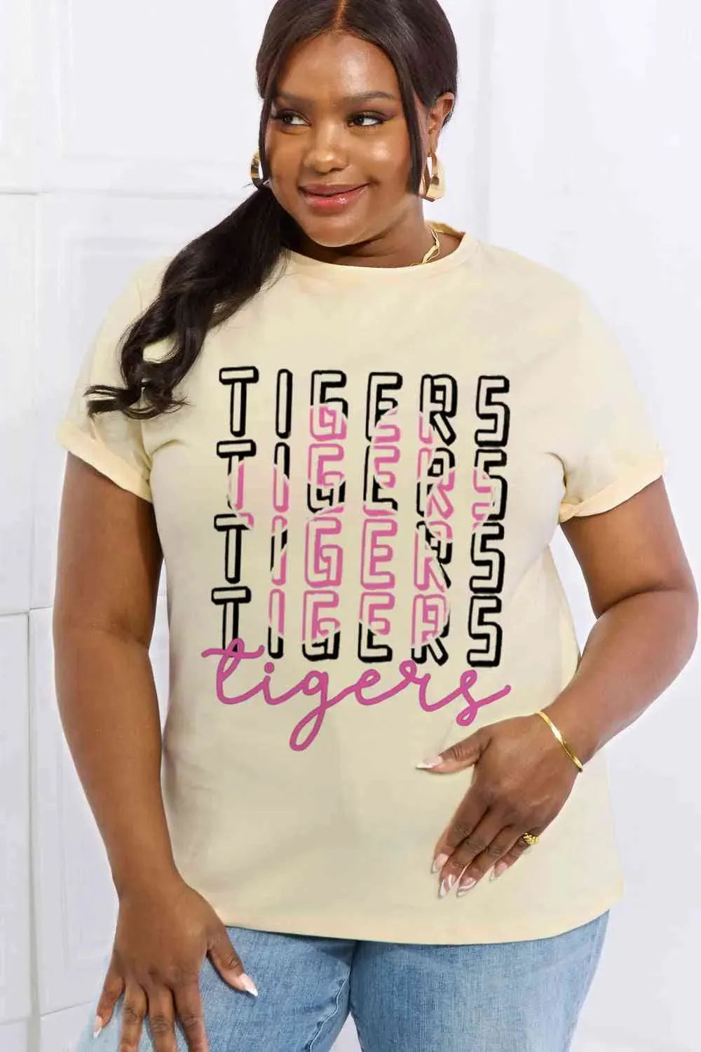 Simply Love Full Size TIGERS Graphic Cotton Tee Ivory Women's T-Shirts - Tophatter Daily Deals