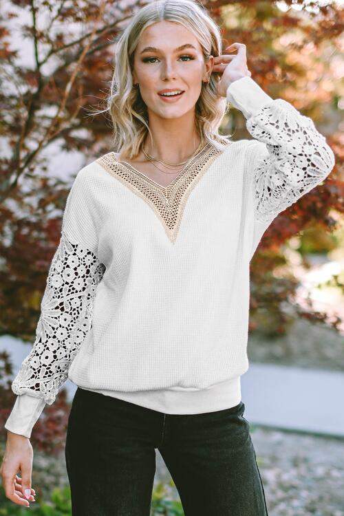 V-Neck Crochet Long Sleeve Blouse White Blouses - Tophatter Daily Deals