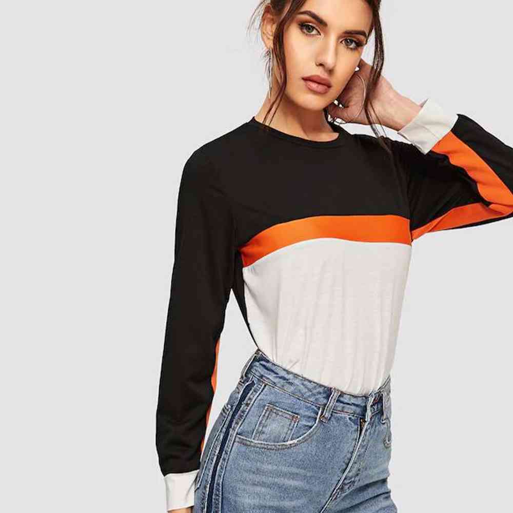 Color Block Round Neck Long Sleeve Tee Women's T-Shirts - Tophatter Daily Deals