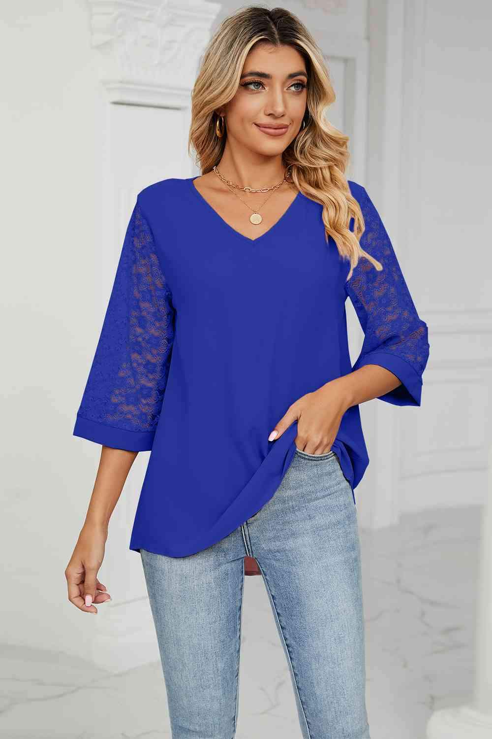 V-Neck Three-Quarter Sleeve Top Women's T-Shirts - Tophatter Daily Deals