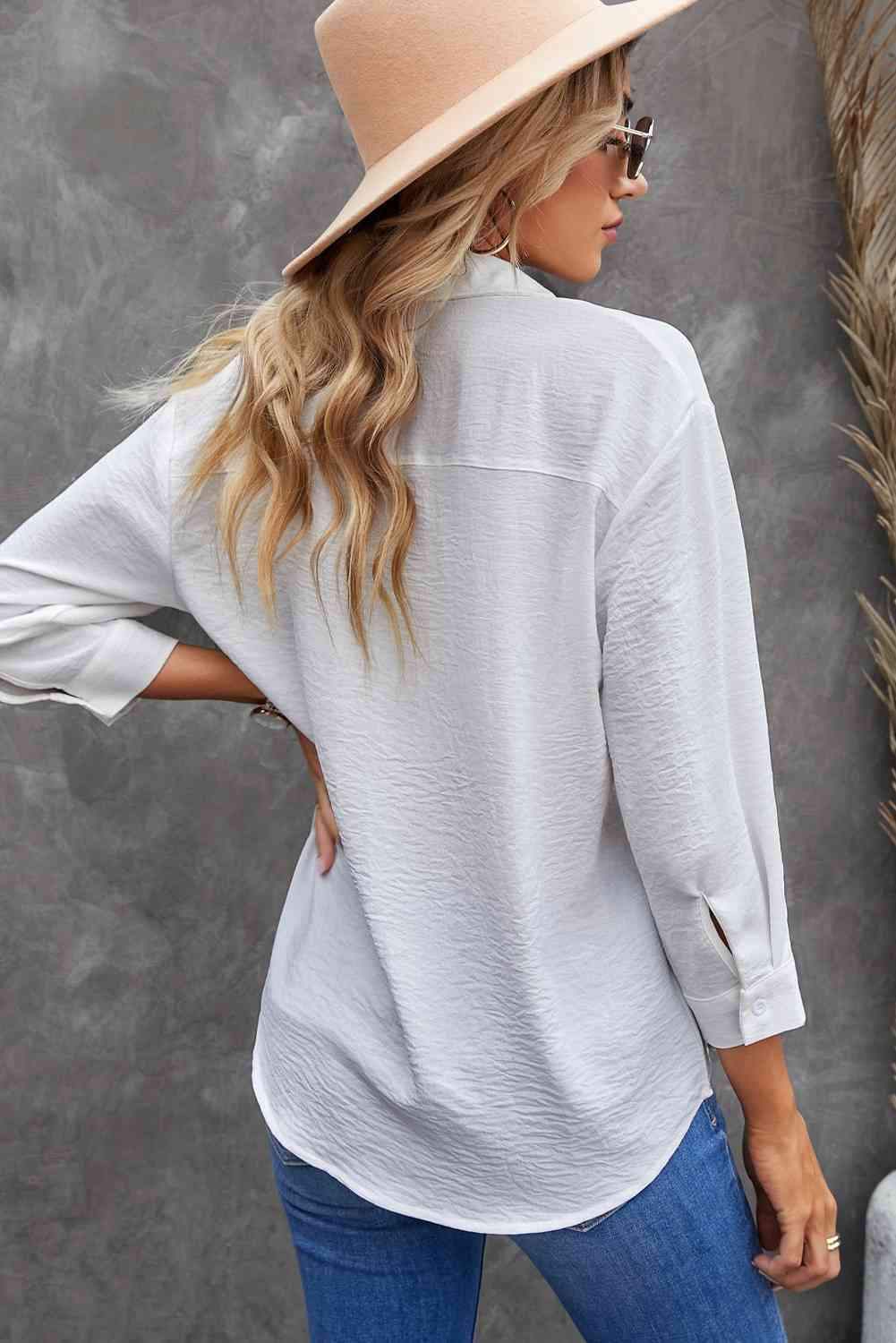 Textured Johnny Collar Three-Quarter Sleeve Blouse Blouses - Tophatter Daily Deals