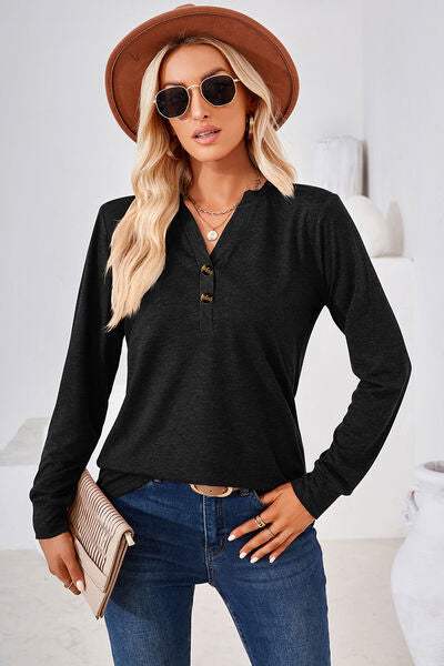 Notched Button Detail Long Sleeve T-Shirt Women's T-Shirts - Tophatter Daily Deals