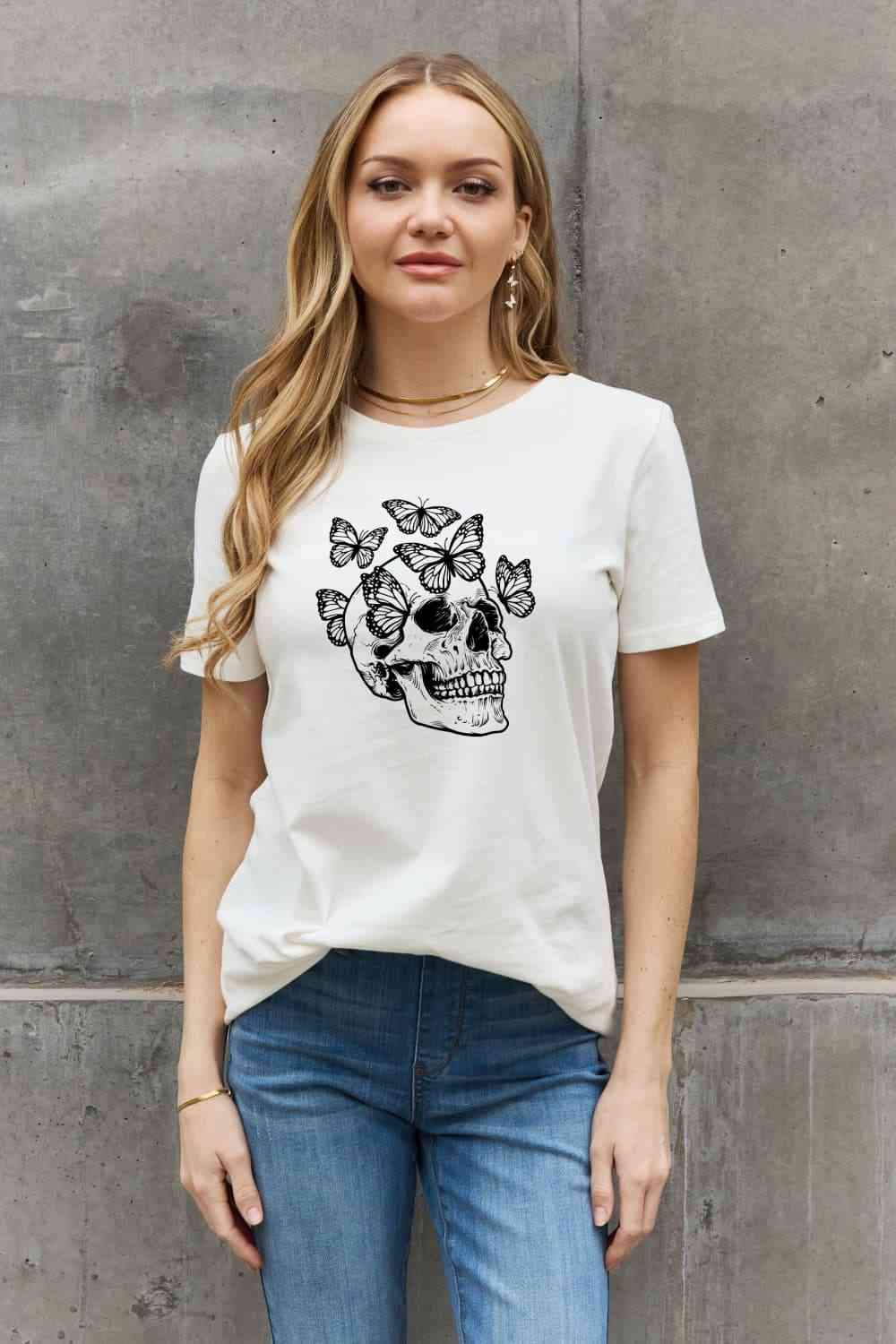 Simply Love Full Size Butterfly Skull Graphic Cotton Tee Women's T-Shirts - Tophatter Daily Deals