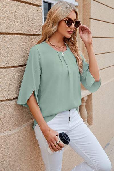 Round Neck Slit Half Sleeve Top Women's T-Shirts - Tophatter Daily Deals