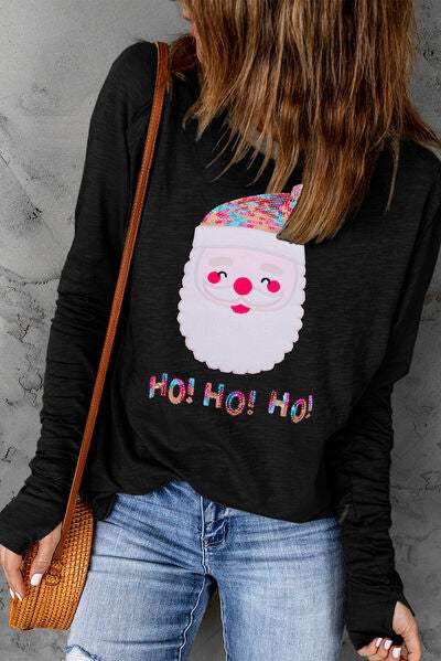 Sequin Santa Round Neck Long Sleeve T-Shirt Women's T-Shirts - Tophatter Daily Deals