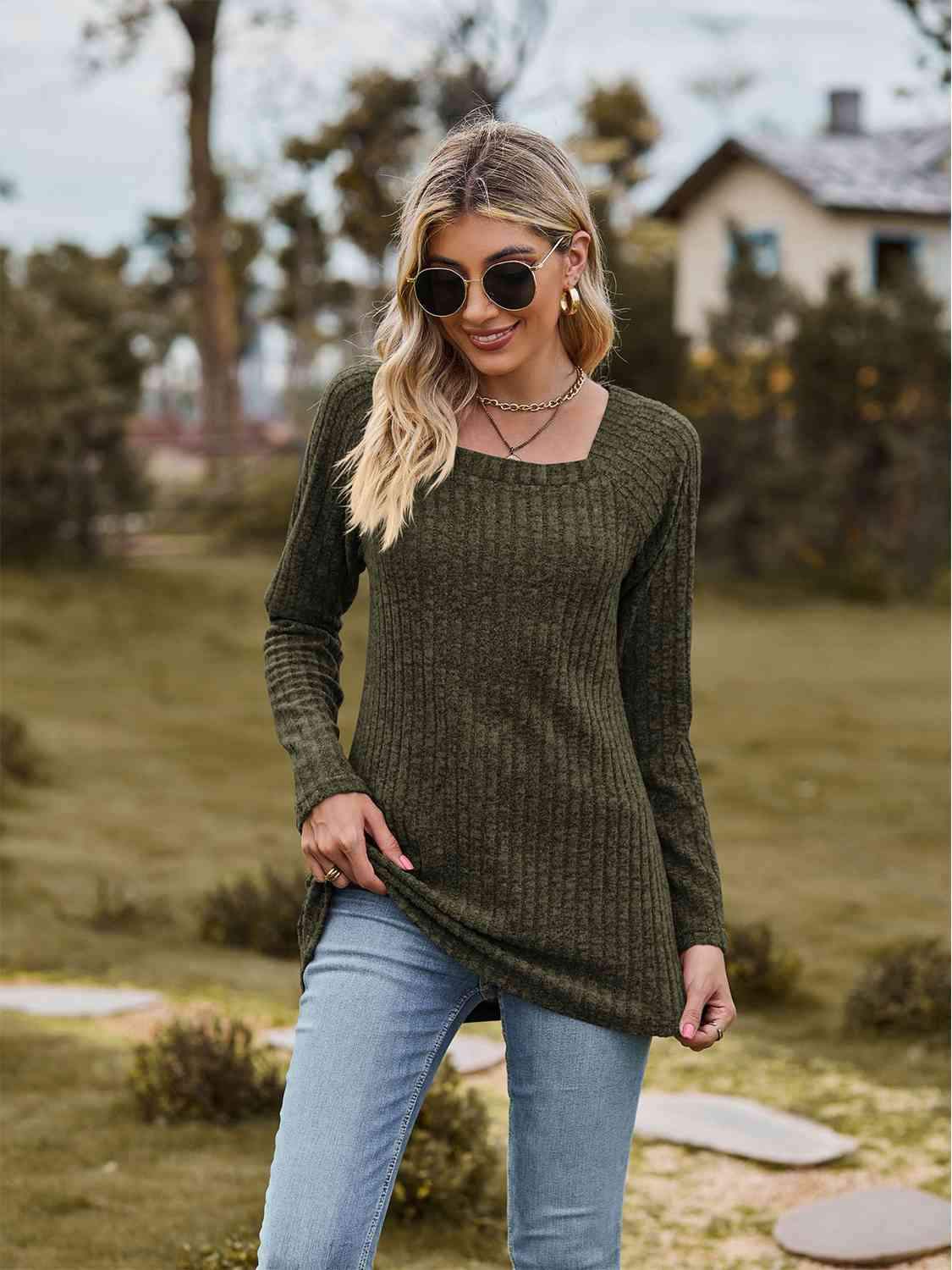 Full Size Ribbed Square Neck Long Sleeve T-Shirt Women's T-Shirts - Tophatter Daily Deals