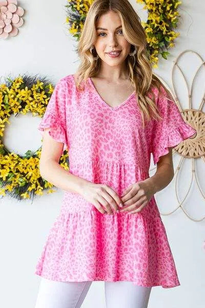Heimish Full Size Leopard Ruffle Trim Short Sleeve Top Blouses - Tophatter Daily Deals