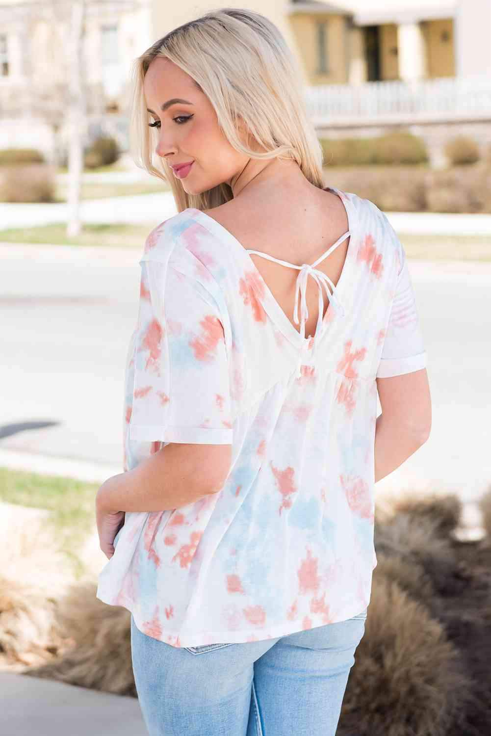 Tie-Dye V-Neck Tie Back Top Blouses - Tophatter Daily Deals