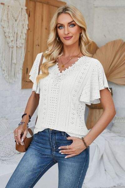 Eyelet Applique V-Neck Cap Sleeve T-Shirt Women's T-Shirts - Tophatter Daily Deals