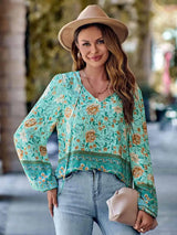 Printed Tie Neck Long Sleeve Blouse Blouses - Tophatter Daily Deals