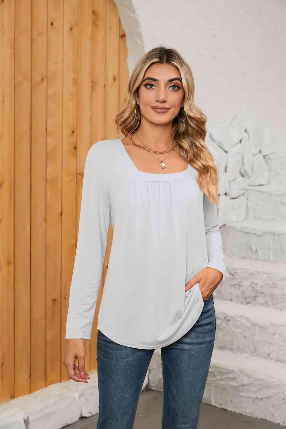 Square Neck Long Sleeve T-Shirt White Women's T-Shirts - Tophatter Daily Deals