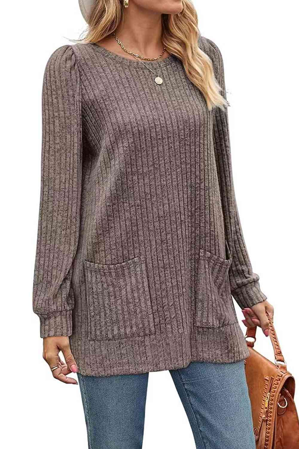 Ribbed Round Neck Long Sleeve T-Shirt Women's T-Shirts - Tophatter Daily Deals