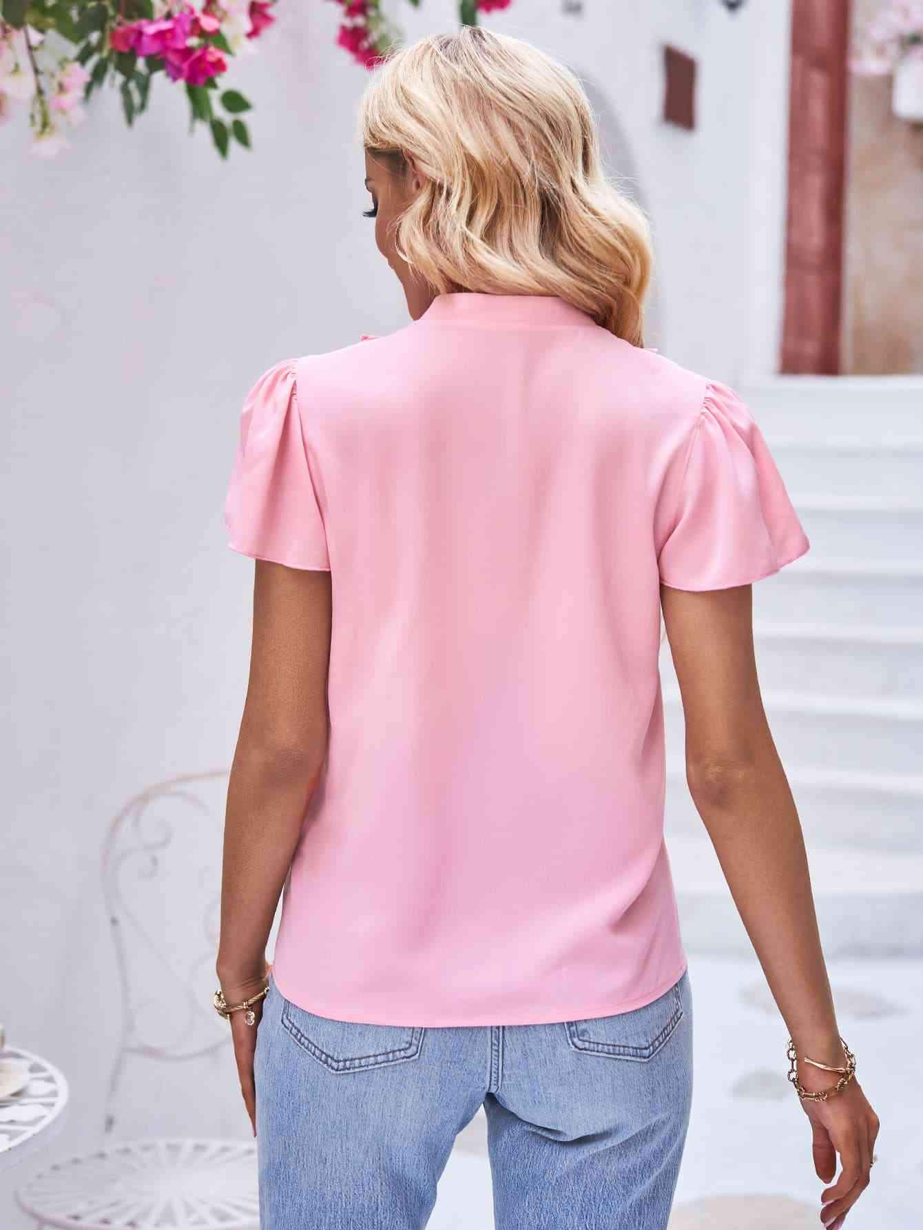 Tie Neck Frill Trim Puff Sleeve Top Blouses - Tophatter Daily Deals