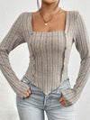 Ribbed Decorative Button Long Sleeve T-Shirt Women's T-Shirts - Tophatter Daily Deals