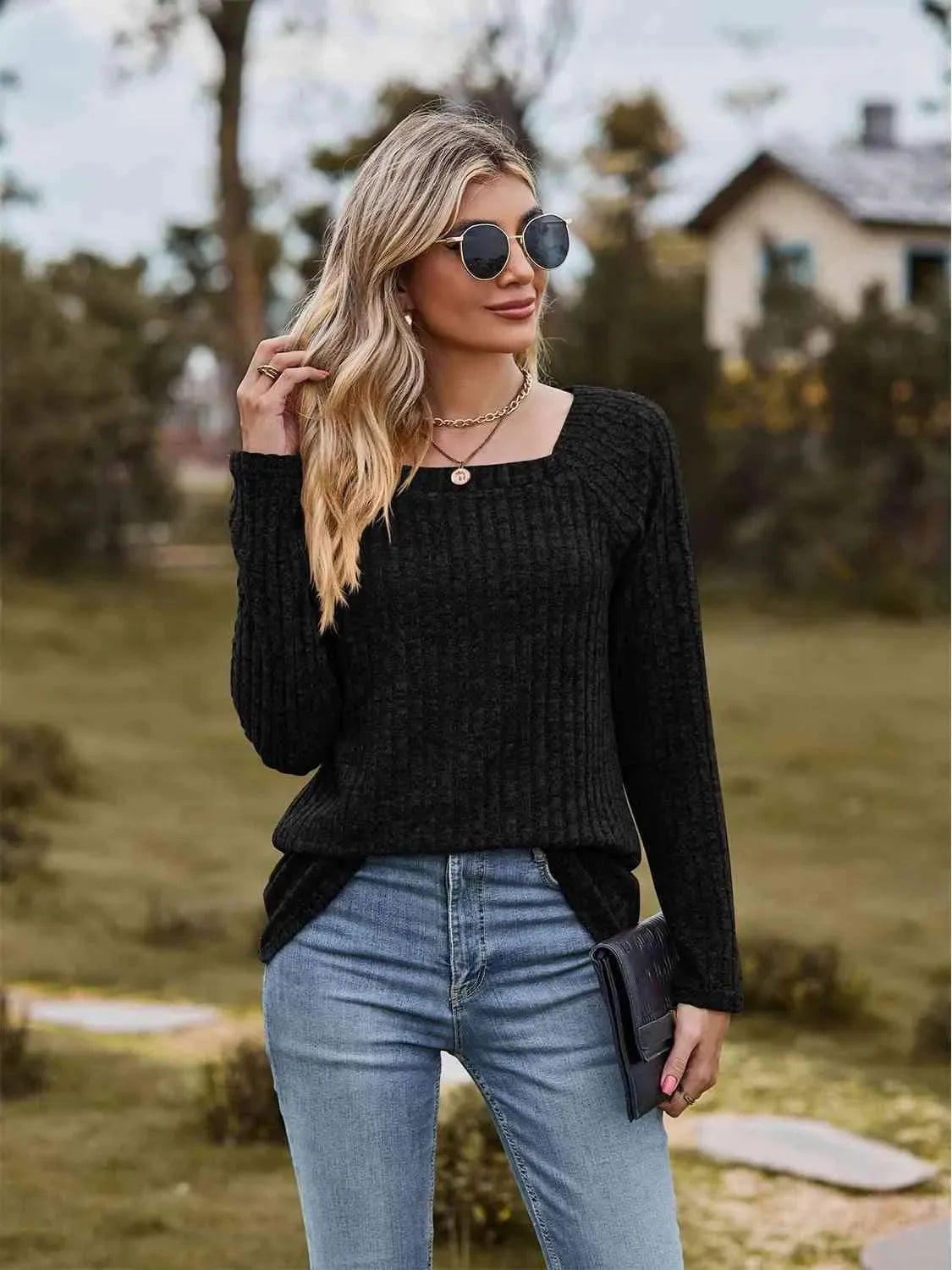 Full Size Ribbed Square Neck Long Sleeve T-Shirt Women's T-Shirts - Tophatter Daily Deals