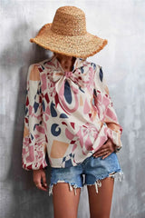 Printed Tie Neck Puff Sleeve Blouse Blouses - Tophatter Daily Deals