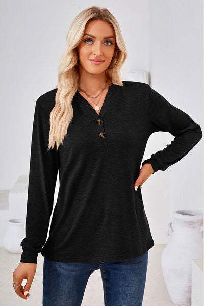 Notched Button Detail Long Sleeve T-Shirt Women's T-Shirts - Tophatter Daily Deals