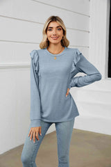 Ruffle Shoulder Long Sleeve T-Shirt Women's T-Shirts - Tophatter Daily Deals