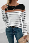 Striped Round Neck Long Sleeve T-Shirt Black Women's T-Shirts - Tophatter Daily Deals