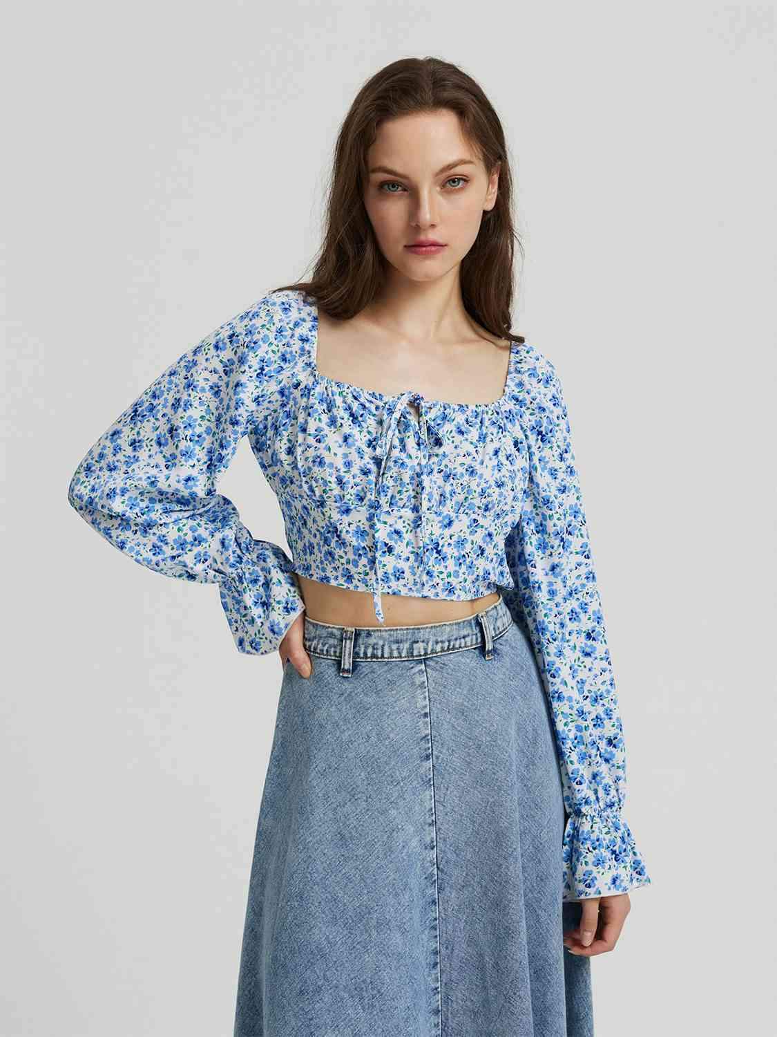 Floral Tie Front Square Neck Flounce Sleeve Blouse Blouses - Tophatter Daily Deals