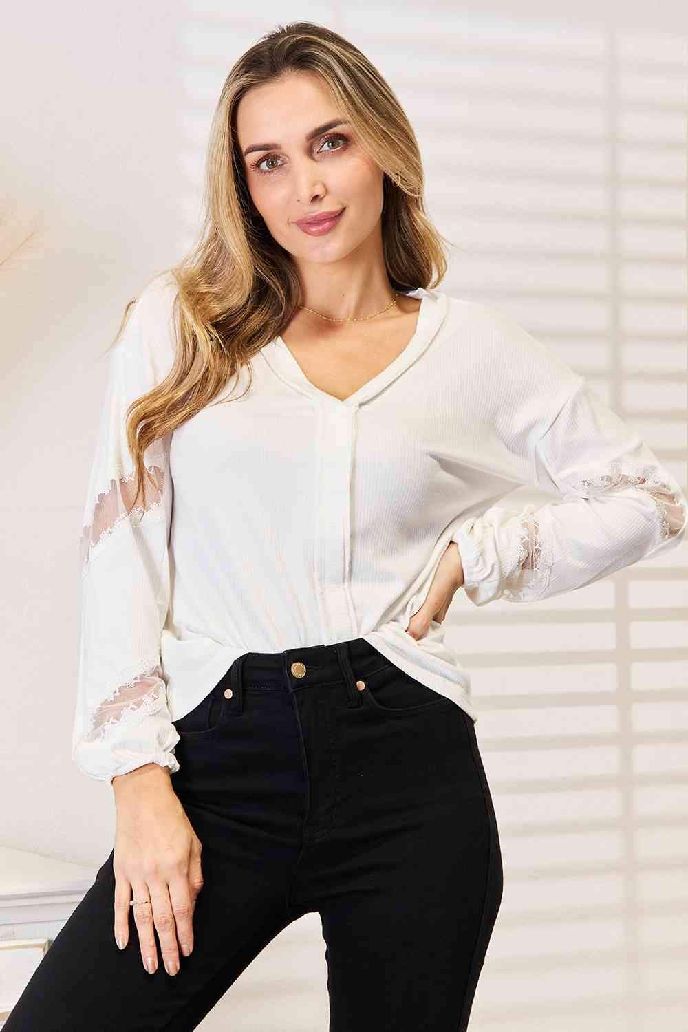 Double Take V-Neck Dropped Shoulder Blouse Blouses - Tophatter Daily Deals