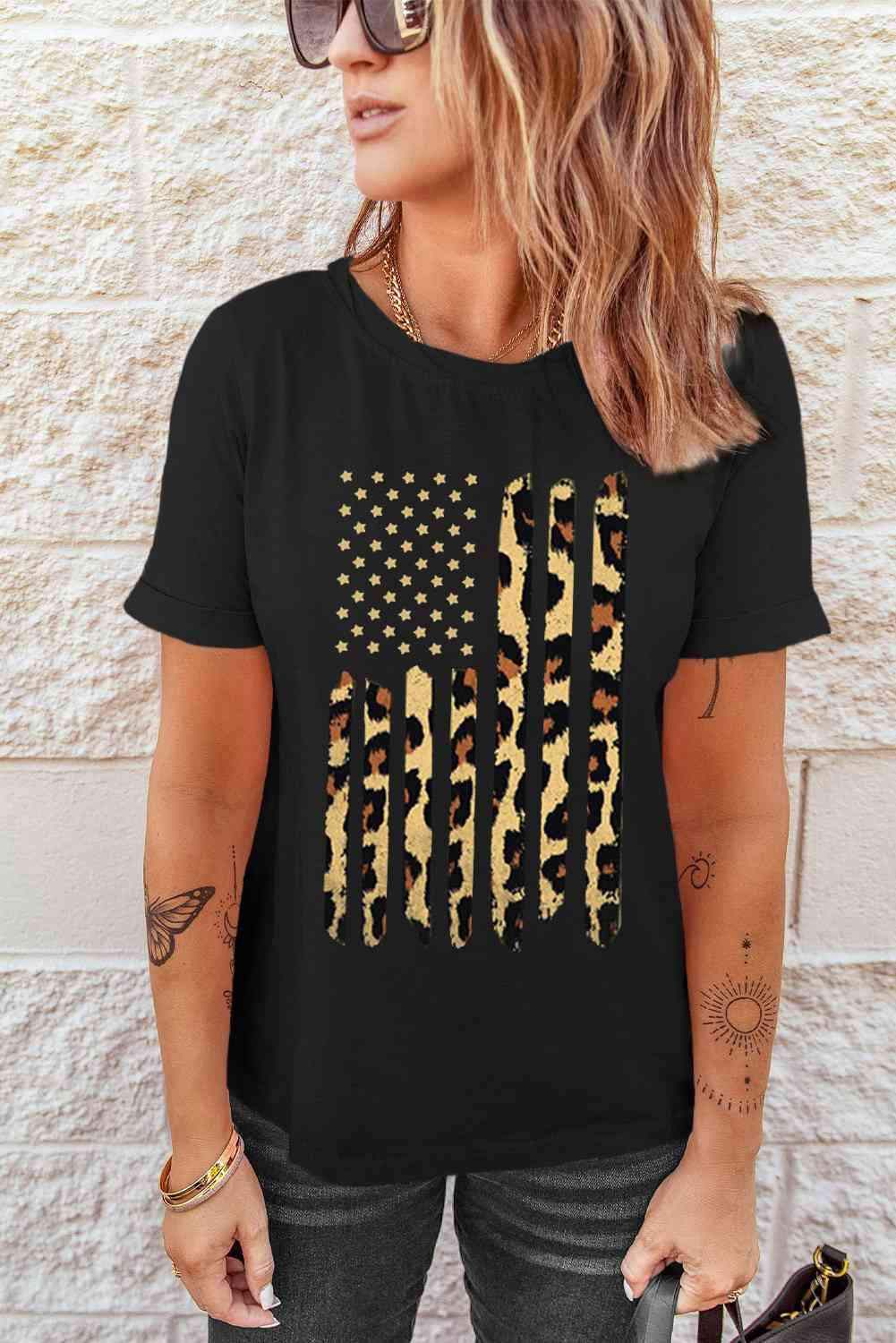 Stars and Stripes Graphic Round Neck Tee Women's T-Shirts - Tophatter Daily Deals