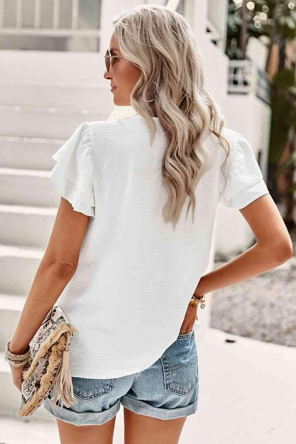 Contrast Ruffle Trim Flutter Sleeve Blouse Blouses - Tophatter Daily Deals