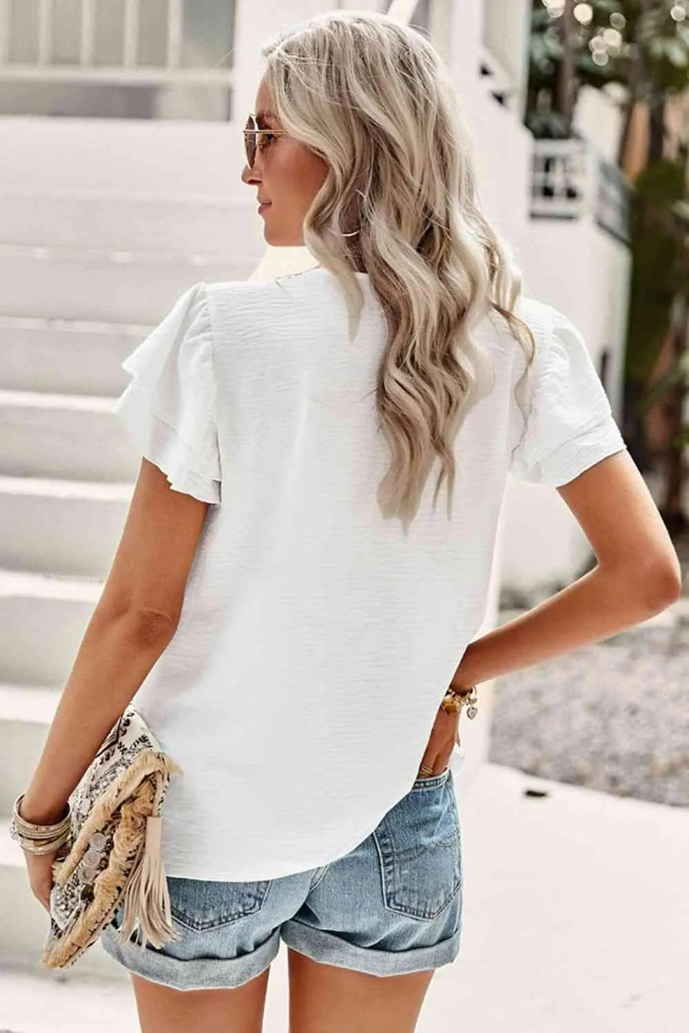 Contrast Ruffle Trim Flutter Sleeve Blouse Blouses - Tophatter Daily Deals