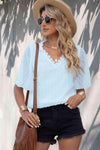 Swiss Dot Lace Trim Flutter Sleeve V-Neck Blouse Pastel Blue Blouses - Tophatter Daily Deals