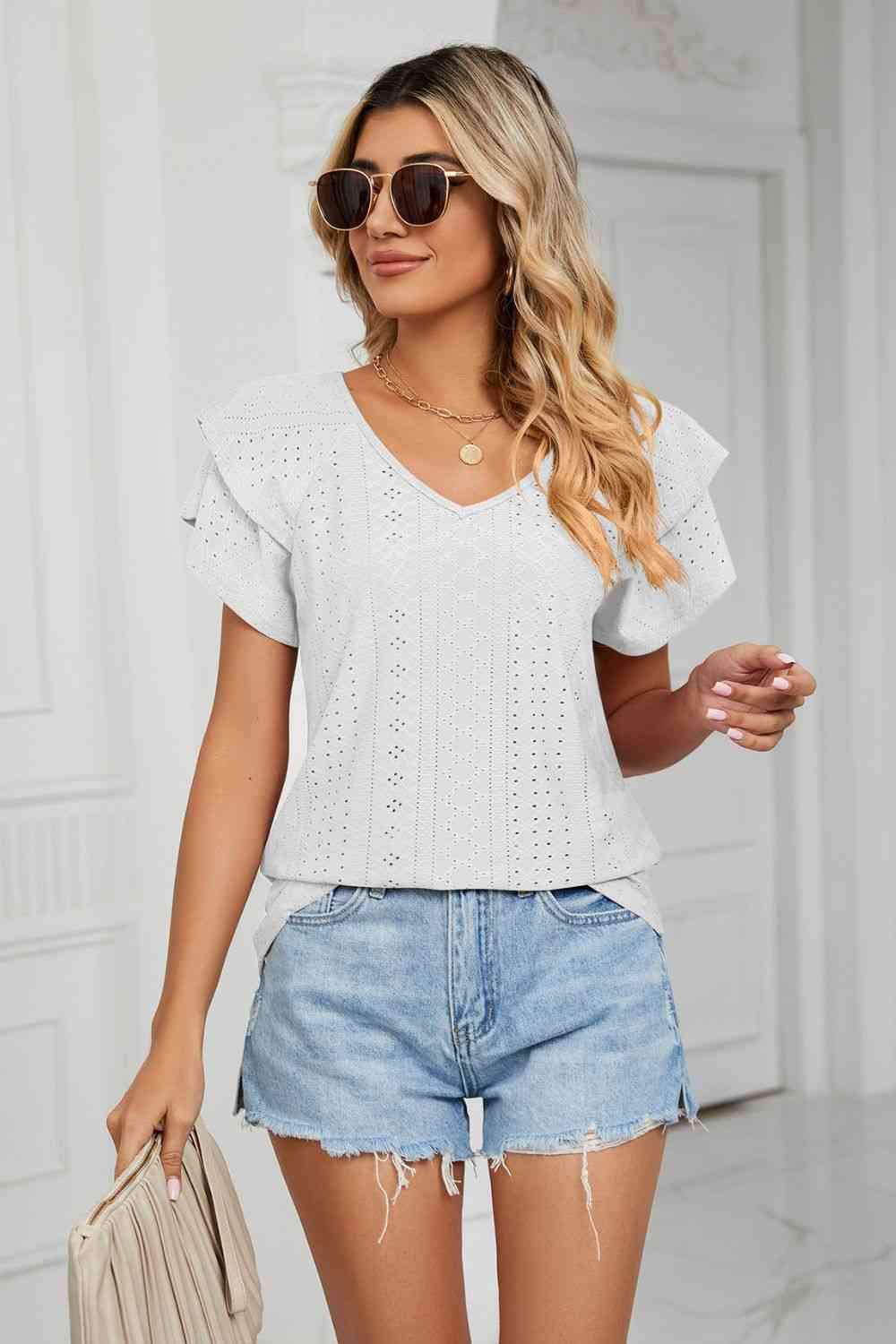 Eyelet Layered Flutter Sleeve V-Neck Knit Top White Blouses - Tophatter Daily Deals