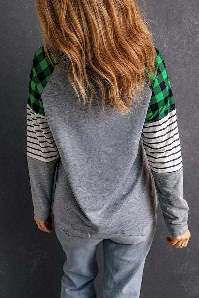 Striped Plaid Round Neck Long Sleeve T-Shirt Women's T-Shirts - Tophatter Daily Deals