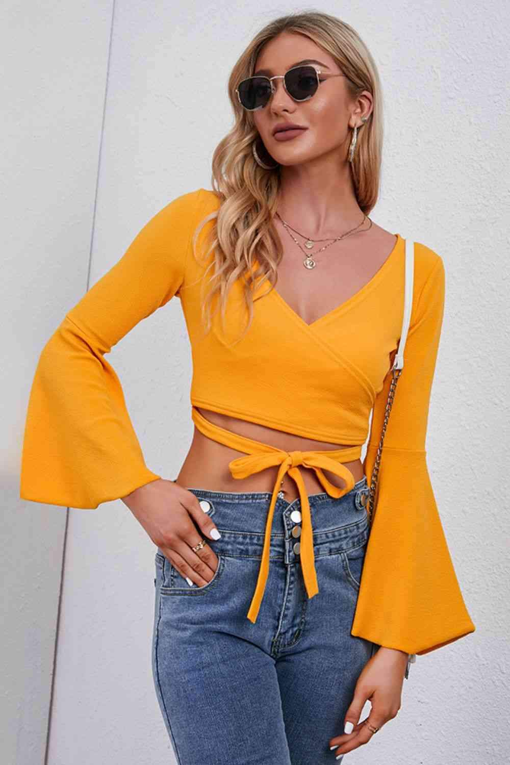 Tie Front Flare Sleeve Cropped Top Pumpkin Blouses - Tophatter Daily Deals