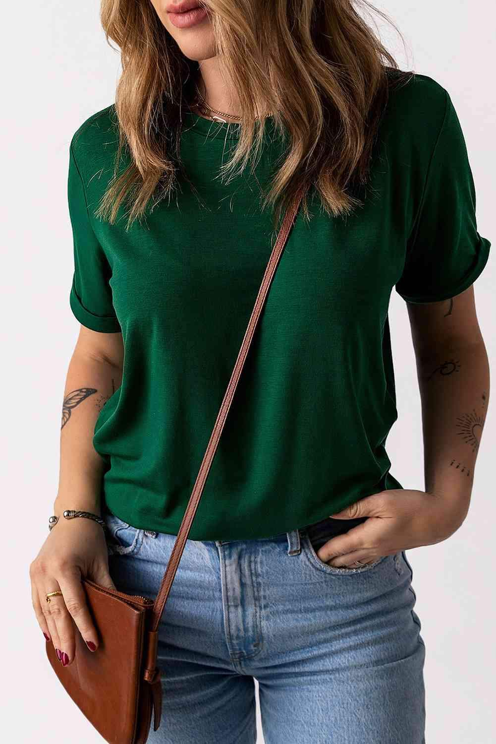 Round Neck Cuffed Short Sleeve Tee Women's T-Shirts - Tophatter Daily Deals