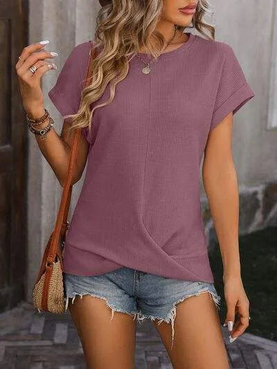 Cable-Knit Round Neck Short Sleeve T-Shirt Magenta Women's T-Shirts - Tophatter Daily Deals