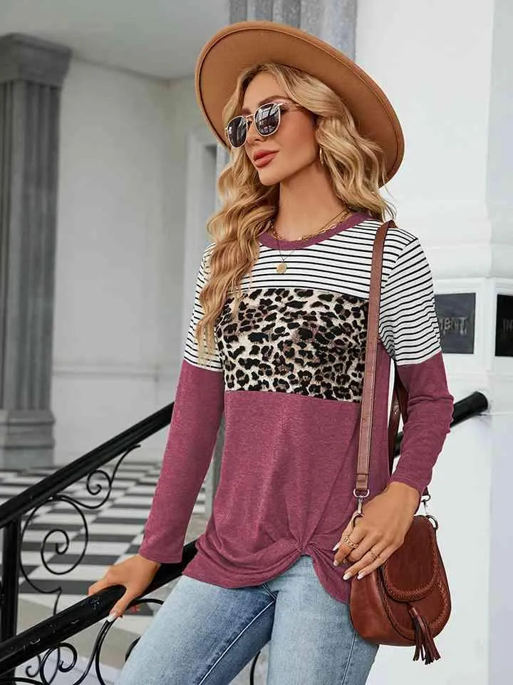Color Block Round Neck Long Sleeve Blouse Blouses - Tophatter Daily Deals