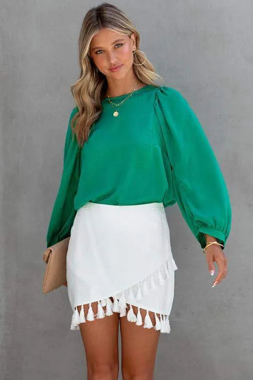 Round Neck Ruff Sleeve Blouse Blouses - Tophatter Daily Deals