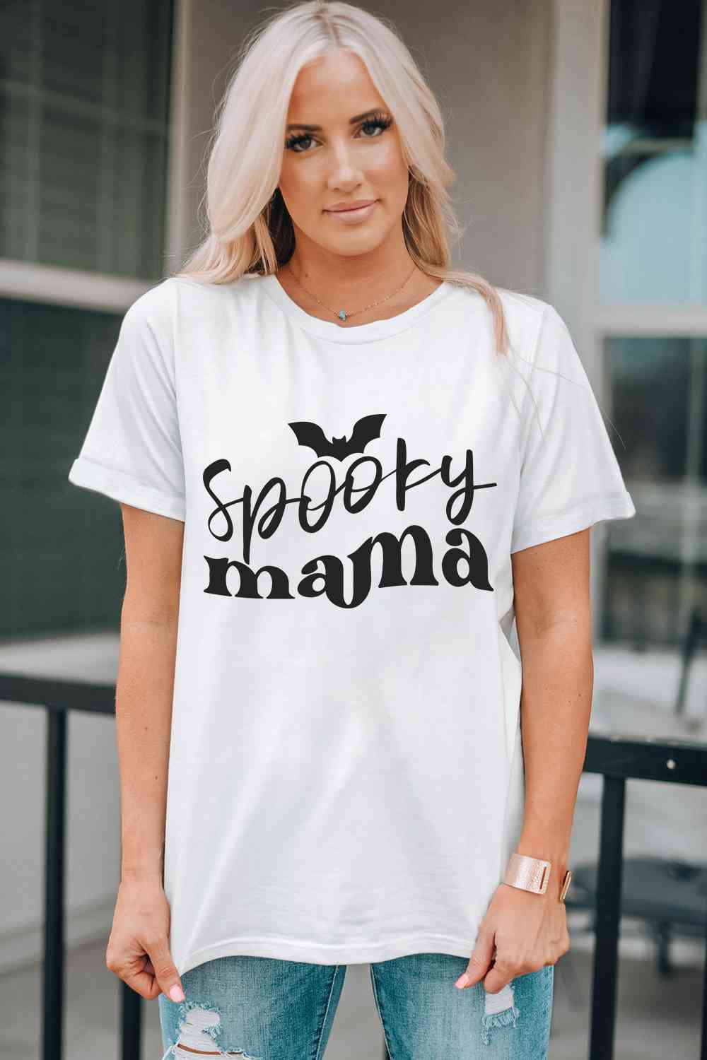 Round Neck Short Sleeve SPOOKY MAMA Graphic T-Shirt Women's T-Shirts - Tophatter Daily Deals