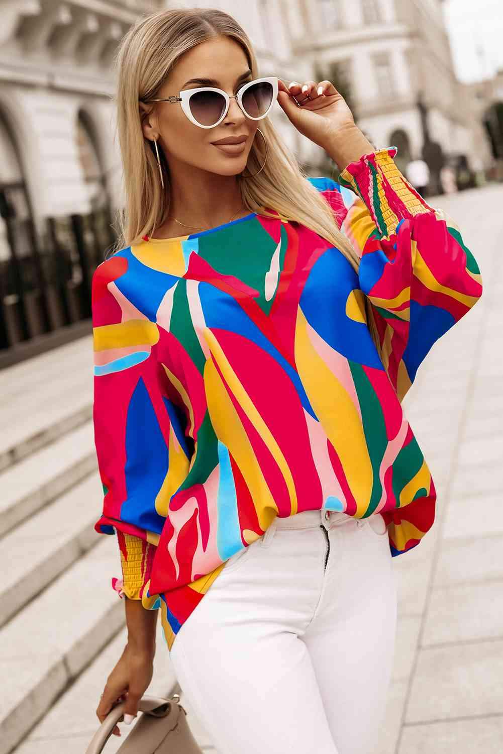 Printed Round Neck Smocked Wrist Lantern Sleeve Blouse Multicolor Blouses - Tophatter Daily Deals