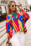 Printed Round Neck Smocked Wrist Lantern Sleeve Blouse Multicolor Blouses - Tophatter Daily Deals